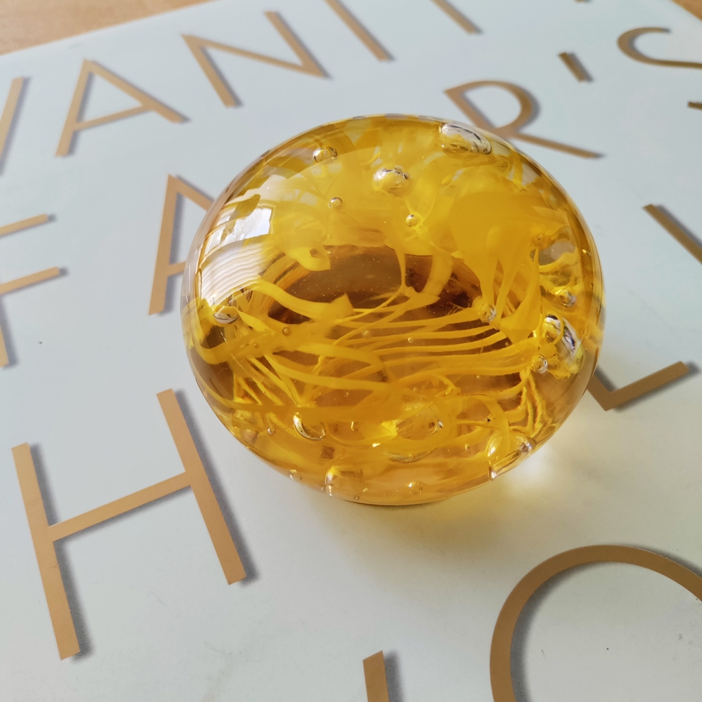 Yellow and Clear Art Glass Paperweight Swirl Design Nancy Becker